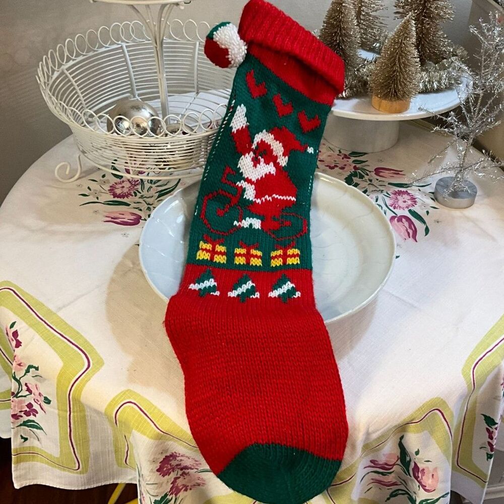 Vintage knitted Christmas stocking Santa on Bicycle made in Taiwan